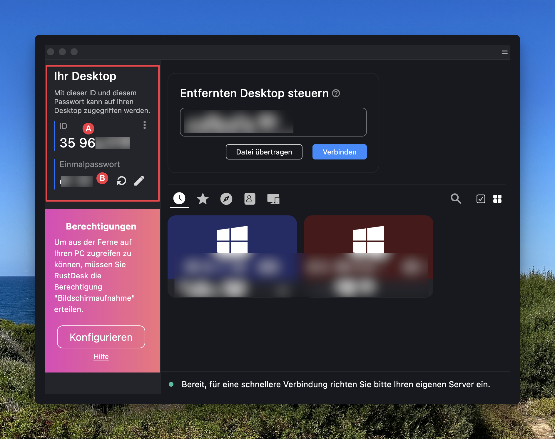 RustDesk Oberfläche mit markierter ID (A) und Einmalpasswort (B)